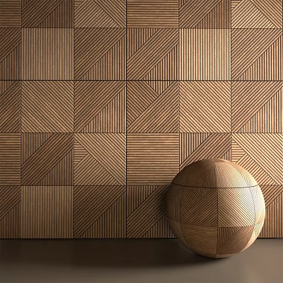 Wooden Background Wall Featuring Geometric Stripe Panels And Decorative Wooden Sphere 3d model