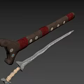 Sword Weapon With Wooden Hilt Red Wrapping And Silver Curved Engraved Blade