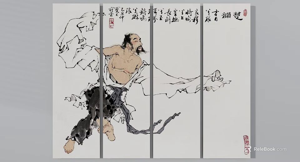 Traditional Chinese Ink Figure Painting With Dynamic Posture Flowing Robes Calligraphy Inscriptions And Seal Stamps 3d model 