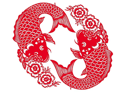 Red Paper Cut Wall Decor With Two Carps And Flowers 3d model