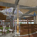 Modern Restaurant Interior Design With Colorful Chandeliers Wooden Decor And Curved Seating