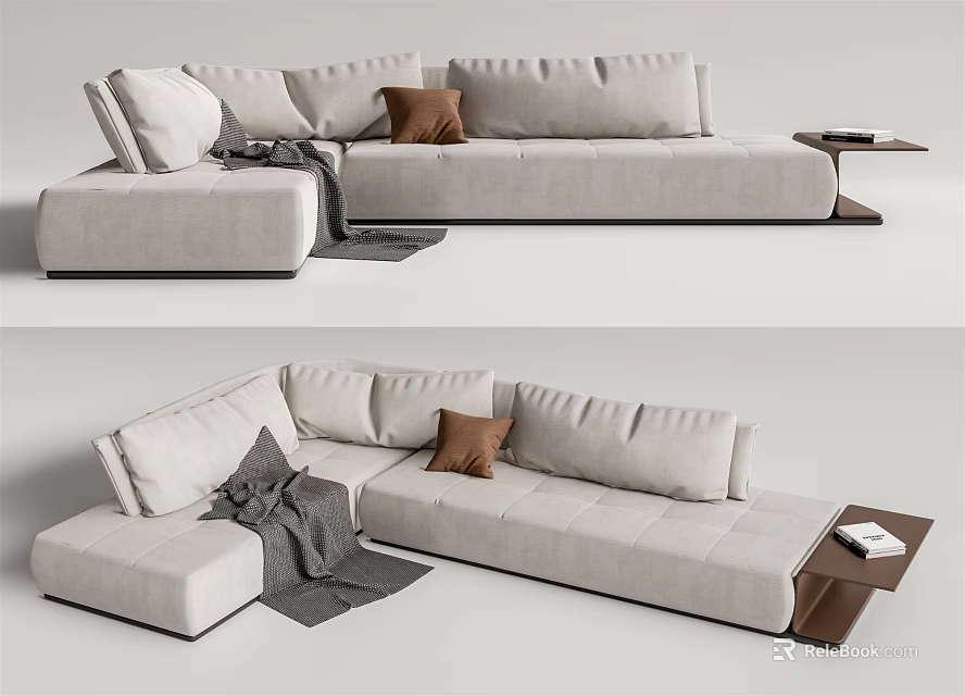 Modern Light Gray L shaped Sectional Sofa with Brown Throw Pillow Gray Blanket and Side Table 3d model
