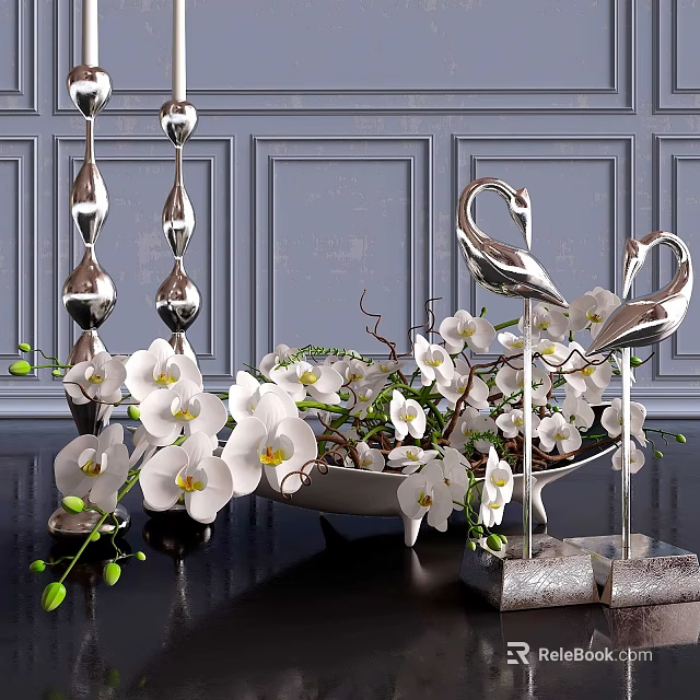 Decorative Ornament Set With White Orchids Silver Swan Figurines Metallic Candle Holders On Black Table 3d model 