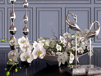 Decorative Ornament Set With White Orchids Silver Swan Figurines Metallic Candle Holders On Black Table 3d model