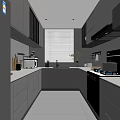 Modern Kitchen Interior With Dark Gray Cabinets Island Counter Window Blinds And Appliances