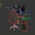 Ergonomic Office Chair And Red Computer Desk With Multiple Monitors Setup 3d model