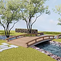 Wooden Landscape Bridge Over Stream With Trees Grass And Stone Path 3d model