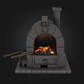 Traditional Stone Stove With Arched Opening Burning Flames And Chimney Base