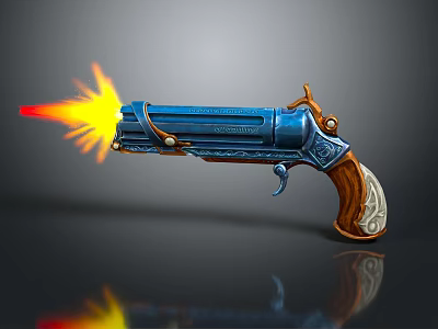 Blue Decorative Revolver With Flame Ejecting From Muzzle And Wooden Grip 3d model