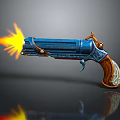 Blue Decorative Revolver With Flame Ejecting From Muzzle And Wooden Grip