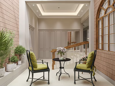 Cozy Foyer Hallway With Green Chairs Coffee Table Plants And Tile Walls 3d model