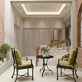 Cozy Foyer Hallway With Green Chairs Coffee Table Plants And Tile Walls