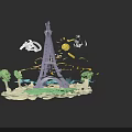 Paper Art City Architecture Featuring Eiffel Tower With Trees Yellow Elements And Water Area