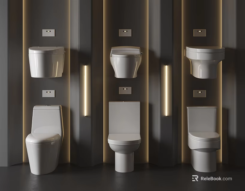 Modern White Toilets Display In Dark Wall Interior With Vertical Light Strips 3d model