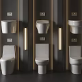 Modern White Toilets Display In Dark Wall Interior With Vertical Light Strips 3d model