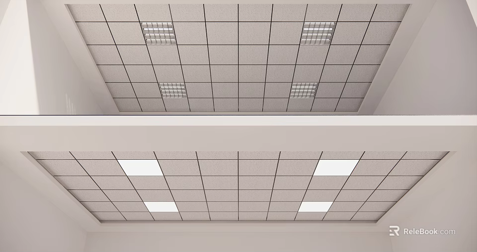 Suspended Ceiling Design With White Grid Panels And Evenly Spaced Recessed Lighting 3d model 