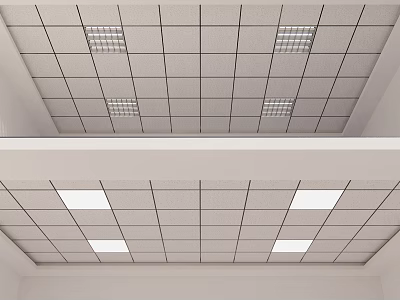 Suspended Ceiling Design With White Grid Panels And Evenly Spaced Recessed Lighting 3d model