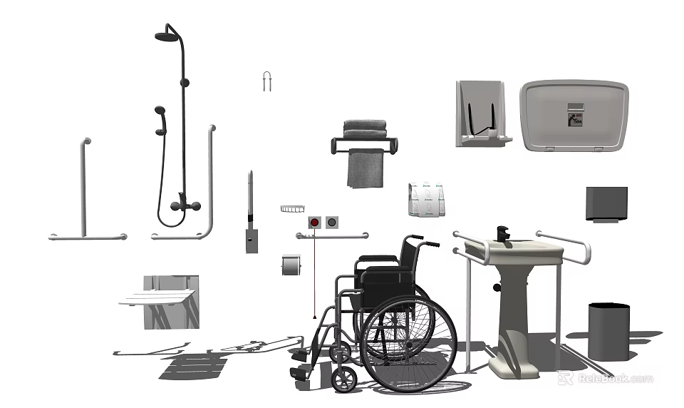 Accessible Bathroom Set With Wheelchair Friendly Design Grab Bars Shower System Toilet And Sink 3d model 