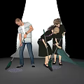 Two People Cleaning Floor With Broom And Dustpan 3d model