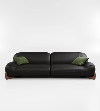 Modern Black Leather Sectional Sofa With Green Cushions And Wooden Legs 3d model