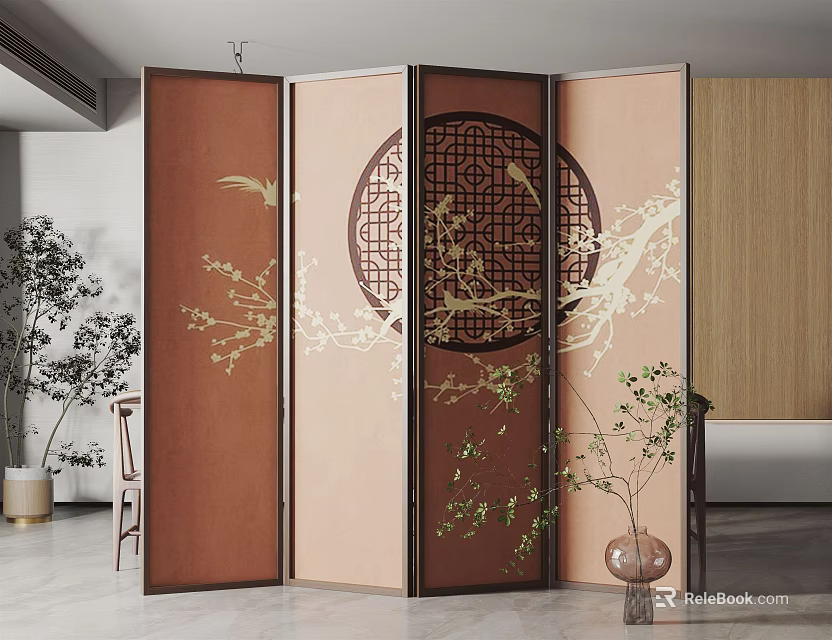 Traditional Chinese Wooden Screen With Circular Lattice And Floral Bird Patterns In Elegant Interior 3d model 