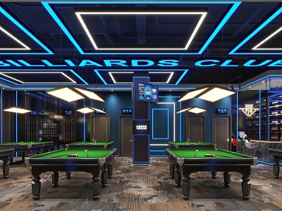 Modern Billiards Club Interior With Green Felt Tables Blue Neon Ceiling Lights And Hanging Chandeliers 3d model
