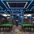 Modern Billiards Club Interior With Green Felt Tables Blue Neon Ceiling Lights And Hanging Chandeliers