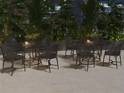 Outdoor Table With Chairs Set In Lush Green Plants Night Outdoor Setting 3d model