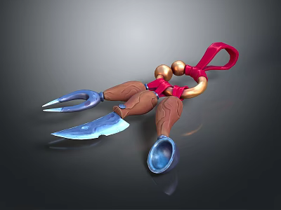 Household Kitchen Tool with Blue Metal Claws Brown Wooden Handles Red Strap and Golden Balls 3d model