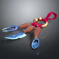 Household Kitchen Tool with Blue Metal Claws Brown Wooden Handles Red Strap and Golden Balls