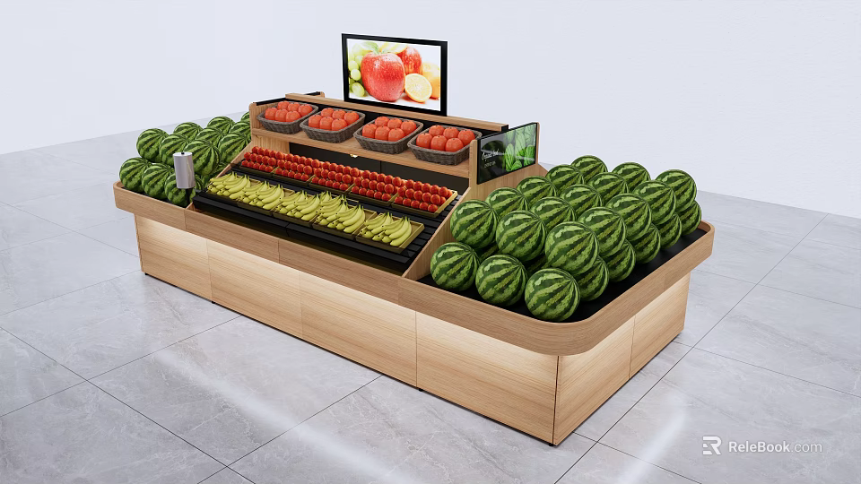 Wooden Display Shelf with Various Fresh Fruits Arranged and Screen Showing Fruit 3d model 