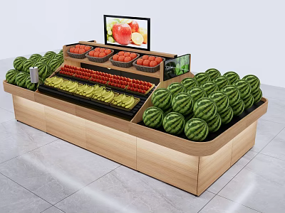 Wooden Display Shelf with Various Fresh Fruits Arranged and Screen Showing Fruit 3d model