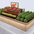 Wooden Display Shelf with Various Fresh Fruits Arranged and Screen Showing Fruit