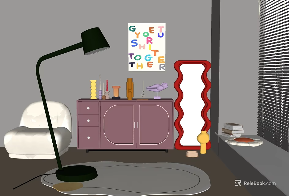 Purple Cabinet with Colorful Letter Decor Black Lamp White Sofa Red Wavy Mirror and Items 3d model 