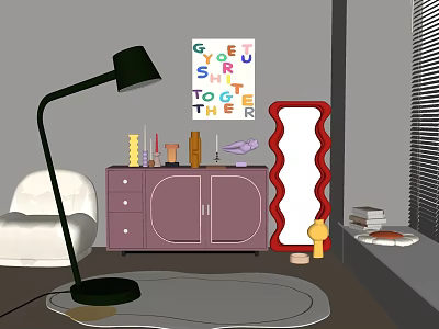 Purple Cabinet with Colorful Letter Decor Black Lamp White Sofa Red Wavy Mirror and Items 3d model