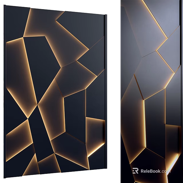 Modern Black Wall Design With Geometric Patterns And Gold Accent Lighting 3d model 