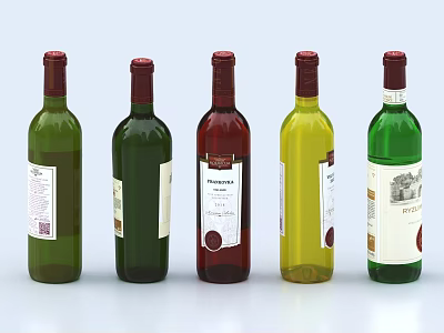 Variety of Colored Wine Bottles With Labels Displayed On White Background 3d model