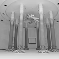 Elegant Hotel Lobby Interior With White Columns Chandelier And Art Paintings