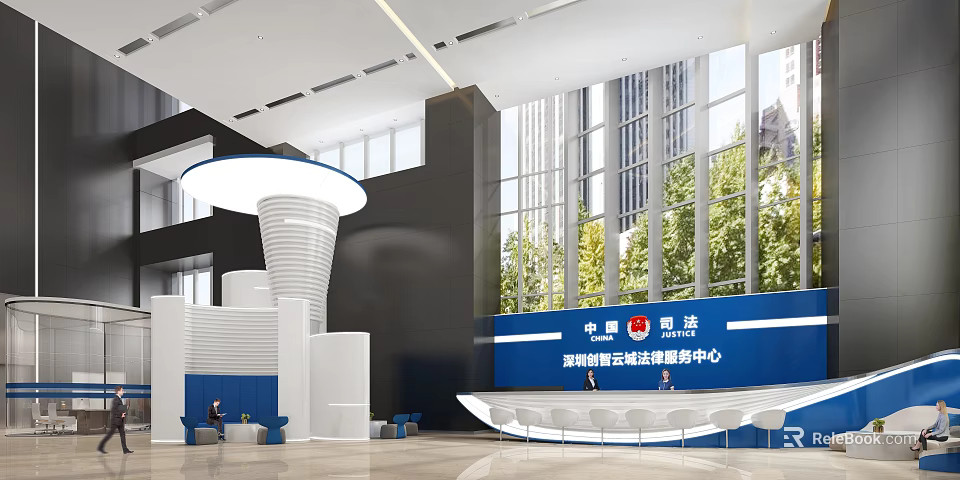 Modern Service Hall Interior With Large Windows Green Plants And Reception Desk 3d model 