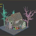 Vintage White Model House With Gray Roof Porch And Leafless Trees On Dry Ground