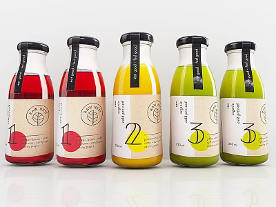 Colorful Bottled Fruit Juices With Black Caps Numbered Labels And Circle Patterns Arranged In Row 3d model