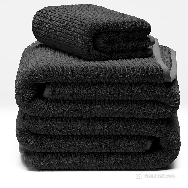 Soft Absorbent Ribbed Black Bath Towels Stacked with High Quality Material 3d model 