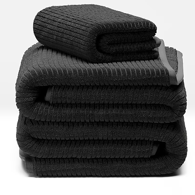 Soft Absorbent Ribbed Black Bath Towels Stacked with High Quality Material 3d model