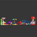 Vibrant Cartoon Playground Scene With Carousel Swings Slide And Colorful Play Structures
