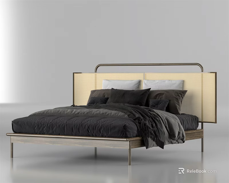 Modern Double Bed With Upholstered Headboard Metal Frame And Black Bedding 3d model