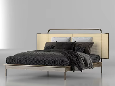 Modern Double Bed With Upholstered Headboard Metal Frame And Black Bedding 3d model