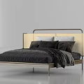Modern Double Bed With Upholstered Headboard Metal Frame And Black Bedding 3d model