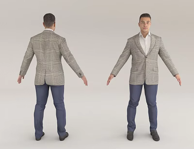Man With Plaid Blazer White Shirt Blue Pants Black Shoes Front Back Views Gray Background 3d model