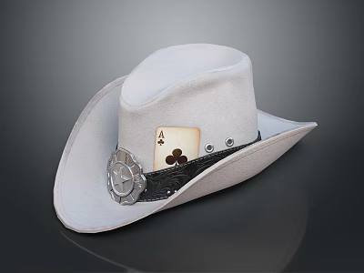 White Cowboy Hat With Black Band Silver Badge And Ace Of Clubs Card 3d model