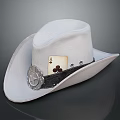 White Cowboy Hat With Black Band Silver Badge And Ace Of Clubs Card